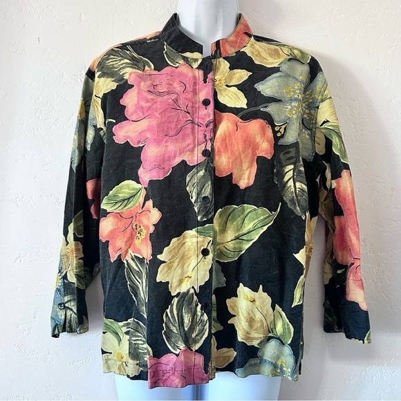CHICOS DESIGN Vintage Linen Floral Button Down Shirt Jacket Shaket Size 2 / M - Picture 2 of 9